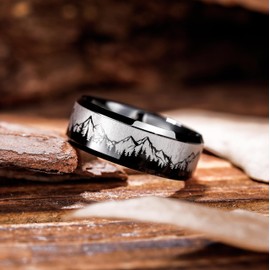 King Will 8mm Mens Wedding Band Black Plated Tungsten Wedding Ring for Men Mountain Tree Lasered Rings Size 7-14丨Nature Collection T(10)