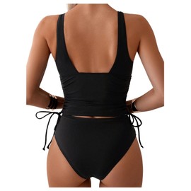 SweatyRocks - Traje de baño de 2 piezas para mujer, cuello en V profundo, cordón lateral, tankini, Negro -, X-Large