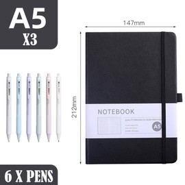 3 Pack Lined Journal Notebook with Pen Set A5 College Ruled Notebooks 200 Pages Hardcover Notebook with 6 Pens for Personal Work Writing Study Office Travel Recording or School Supplies