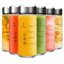 Olivego 12oz Glass Juice Bottles - 6 Pack Wide Mouth Glass Bottles with Lids- BPA Free, Stainless Steel Lids for Juicing, Smoothies, Infused Water, Beverage Storage - Leakproof, Borosilicate, Clear