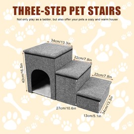 Dog Stairs with Condo, 16 Inch Dog Stairs Fodable 3 Steps Dog Stairs with Storage & Condo Detachable No-Slip Pads Dog Stairs Steps Pet Stairs for High Beds, Couch