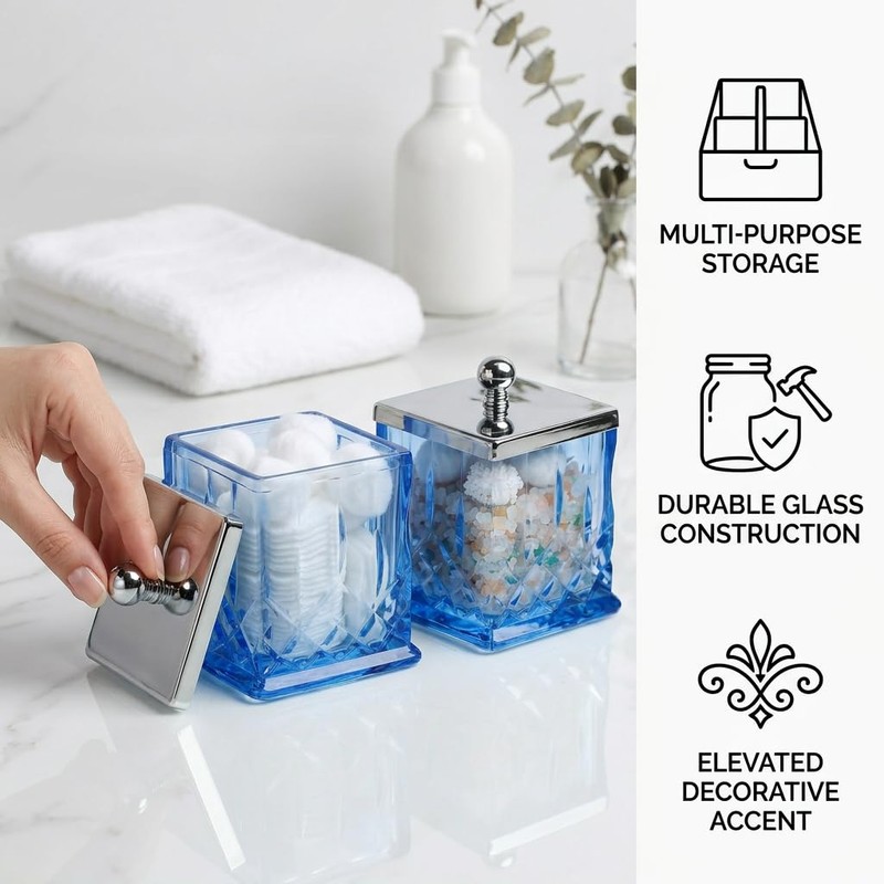 2 Pack 15Oz Blue Q-Tip Holder, Square Thick Glass