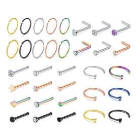 MODRSA Hoop Nose Rings - 20g L Shape Studs, Surgical Steel Corkscrew Hoops, Metal, stainless-steel