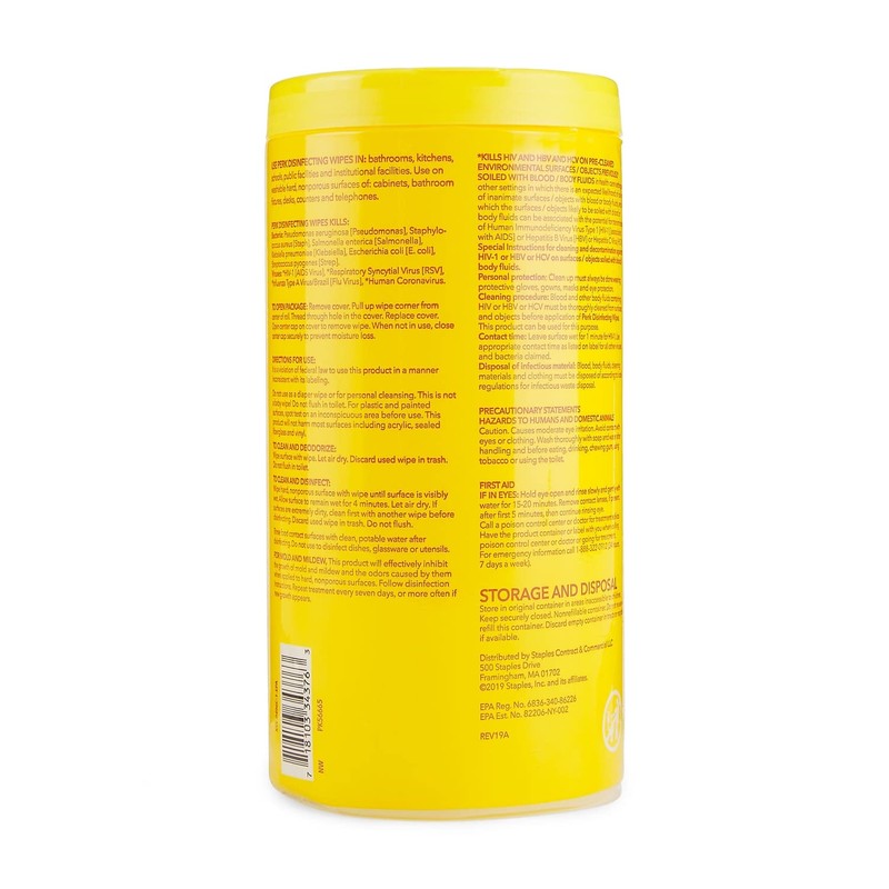 Perk Disinfecting Wipes, Lemon, 75 Wipes/Canister, 6/Pack