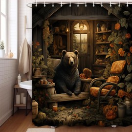 Boziqr Rustic Cabin Shower Curtain, Farmhouse Country Bear Decor Vintage Bathroom Curtains with Hooks Set, Retro Camping Waterproof Fabric Bathroom Accessories 70x70 Inches