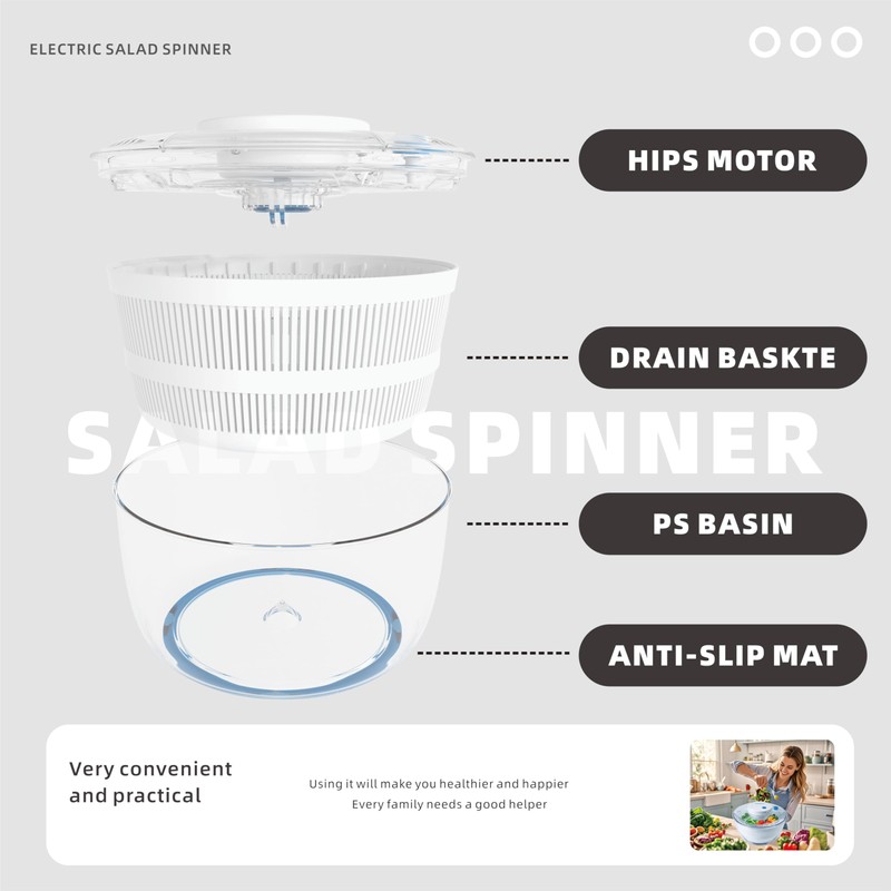 Subbuteo Electric Salad Spinner 4Qt – Rechargeable Lettuce Washer &