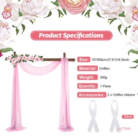 LANSKYLAN Pelmet Freehand Decoration Chiffon Curtain Wedding 70 x 550 cm Valances Window Decoration Transparent Voile Wedding Arch Pink Curtains Valance Tulle for Photography Party Wedding