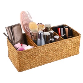 OLegei Storage Basket, Wicker Basket, Shelf Basket, Braided Basket with 3 Compartments, Table Organiser for Counter, Desk, Shelf (Caramel)
