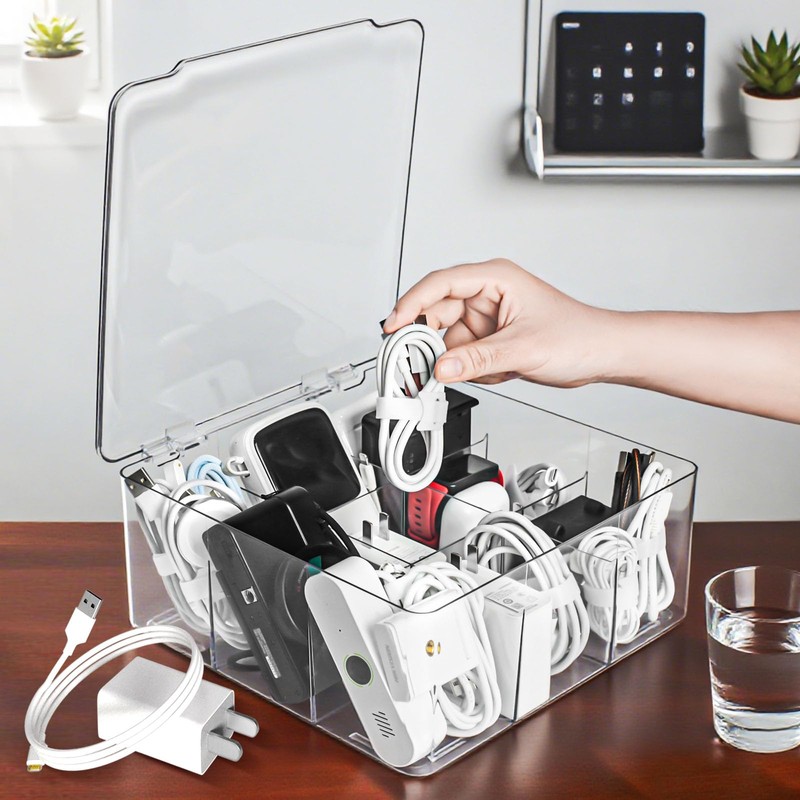 Charger and Cable Organizer Box with 10 Wire Ties, Adapter