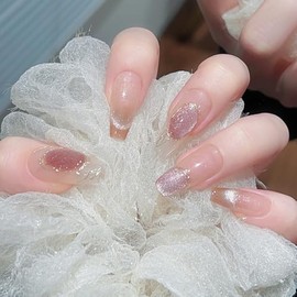 Pure Handmade Nails Press on Nail Reusable Fake Nails Nude CatEyes French Nude Medium Stick on Nails French Tip False Nails 10pcs (L, Q286)