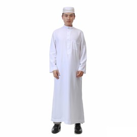 RUIXIA Men's Muslim Clothing Arabic Robe Men's Kaftan Long Sleeve Men's Long Sleeve Dubai Thobe Ramadan Prayer Clothing for Men Kaftan Abaya Islamic Long Sleeve Jalabiya Dress White with Pockets,