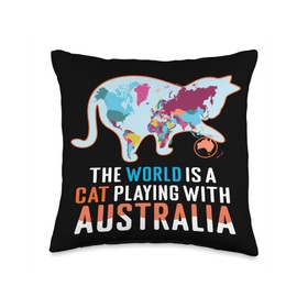 Australian Flag Map Retro Koala Kangaroo Decor World is Cat Playing Australian Map Australia Day Throw Pillow, 16x16, Multicolor