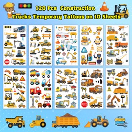 10 Sheets Construction Trucks Temporary Tattoo for Kids, 120 Pcs Vehicles Fake Tattoos for Boys Party Favors, Cars Birthday Supplies Decorations