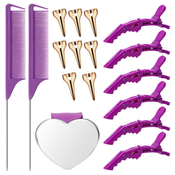 Coldairsoap 17-piece hair parting tools set, includes 8 pieces hair parting rings, 2 pieces metal rat tail comb, 6 pieces hair piece clip with magnetic wrist sewing pin holder for braiding (purple)