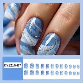 CEWEWP Square Press on Nails Short Fake Nails Acrylic False Nails with Blue White Gradient Designs Gold Line Glue on Nails Glossy Fake Nails Artificial Nails Summer Cute Stick on Nails for Women 24Pcs