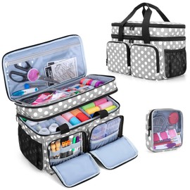 BAFASO Large Sewing Organizer Bag with an Individual Pouch and Detachable Dividers, 2 Layers Sewing Storage Bag for Sewing Supplies, Polka Dots