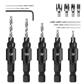 Bamyli Countersink Drill Bit Set,5 Woodworking Chamfered Set with 1/4 Inch Hex Shank,4 Wood Plug Cutter,5 Twist Drill Bit with L-Wrench for Drilling Holes in Wood Plastic Soft Metal Chamfering Tool