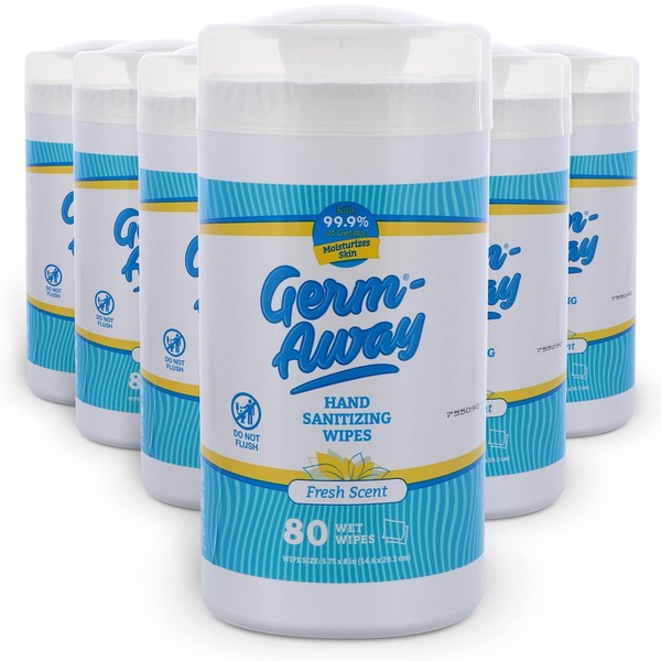 Germ-Away Hand Antibacterial Wipes - Hand Sanitizer Wipes for Kids & Adults, Kills 99.9% Germs on Skin - Anti Bacterial Wipes for Travel, Home or Office, 80ct Bulk Supply Hand Cleaner Wipes, Fresh Scent (6pk, 480 Hand Wipes)