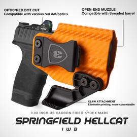 Hellcat Holster, IWB Orange Carbon Fiber Kydex Holster w/Claw & Optics Cut: Springfield Armory Hellcat/Hellcat RDP/Hellcat OSP, Inside Waistband Concealed Carry, Adj. Retention & Cant, Right Hand