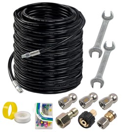 Hourleey Sewer Jetter Kit for Pressure Washer 200FT, Drain Cleaner Hose 1/4 Inch NPT, Orifice 4.0 Button Nose and Rotating Sewer Jetting Nozzle Spanner Tape Pearl Corsage Pin, 4000 PSI
