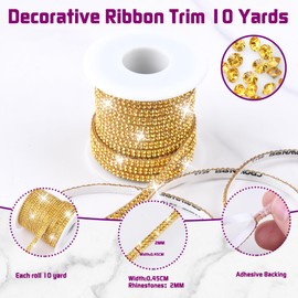 10-Yards Rhinestone Ribbon Self Adhesive, 2-Rows Bedazzling Crystal Diamond Sticker, 0.45CM Wide Sparkling Glass Rhinestones Strips Tape for DIY Craft, Car Decor, Home Decor, Party Supplies Gold