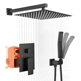 Black shower faucet set, Rain shower Head with Handheld Spray, Wall Mounted Shower Fixtures, Solid Brass Pressure Balancing Shower Mixer Valve 12 Inch