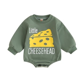 Karuedoo Baby Boy Girl Football Sweatshirt Bubble Romper Oversized Sweater Romper Long Sleeve Bodysuit Outfit Fall Clothes (Green-Little Cheesehead, 6-12 Months)