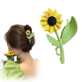 BeeGift SunFlower Hair Clip for Women, Green Flower Shaped Claw Clip, Elegant NonSlip Hair Clip, Hair Clamp, Hair Styling Accessory for Girls Lady