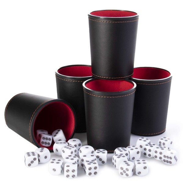 5 Leather Dice Cups and 25 Bullseye Dice by Bullseye Game Night | Classic Dice for Farkle, Liar's Dice, Bunco | Black and Red