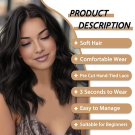 Brown Wig for Women Pre Cut Hand-Tied Lace Short Wigs for Women Wavy Natural Hairline Middle Part Hair Replacement Wigs for Beginners 14 Inch Natural Bob Style Synthetic Wig 3 Seconds Wear for Daily