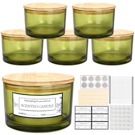 CONNOO 24oz Olive Green Candle Jars 6 Pack, Multi-Wick Wide Mouth Empty Glass Containers for Making Candles with Airtight Bamboo Lids, Sticky Warning Labels, Wick Kit - Dishwasher Safe