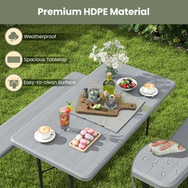 Tangkula Folding Picnic Table with 2 Benches, Outdoor Metal Camping Table Set with Plastic Wood-Like Texture Tabletop & Steel Frame, Foldable Camping Table for Picnic, Party, BBQ (Grey)