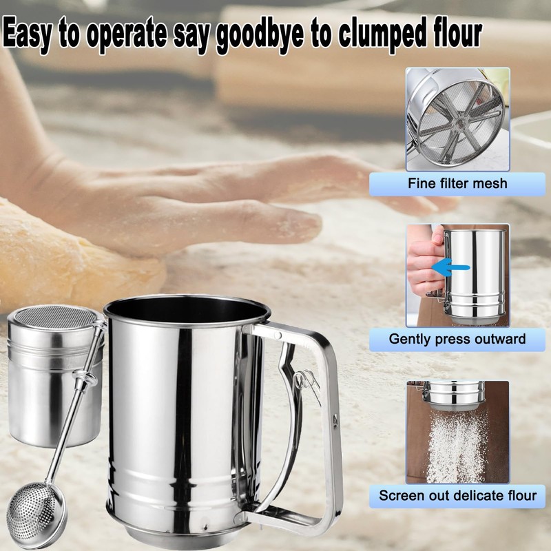 Flour Sifter, Stainless Steel 3 Cup Flour Sifters for Baking,