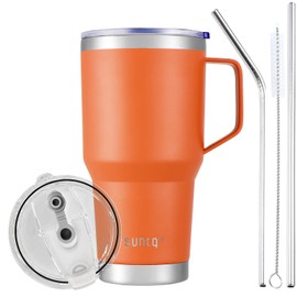 SUNTQ 30 oz 850 ml Tumbler with Handle - Reusable Travel Coffee Cup with Straw, Lid - Double-Walled Vacuum Insulated Coffee Cup - Stainless Steel Thermal Cup (Orange)