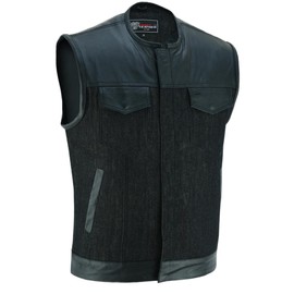 Vance Leather Men's Denim & Leather Motorcycle Vest with Dual Conceal Carry Pockets, SOA Biker Club Vest, Snap & Zipper Closure (Black, Medium)