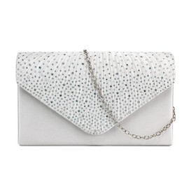 MEGAUK Women's Glitter Clutch Satin Rhinestone Clutch Bag with Removable Chain for Wedding Ball Banquet Prom Party, White
