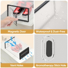 BALEINE 3 Pack Stackable Shoe Storage Boxes Fit Size 9, Thickened Clear Shoe Box Bins with Lids, Plastic Foldable Shoe Rack Organizer Sneaker Storage Containers (Large, Black)