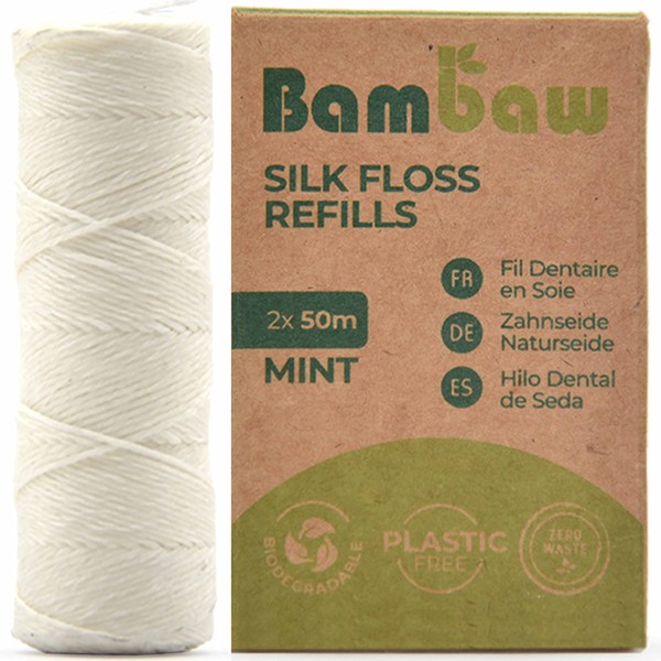 Bambaw Silk Floss Refill | Non Plastic Dental Floss | Eco Floss | Biodegradable Dental Floss | Dental Floss Tape | Bio Silk Dental Floss | Mint Dental Floss | 2x50 Meter Refill