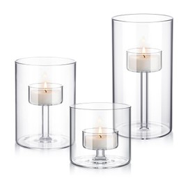 Yiyiring 3 Set Hurricane Glass Candle Holders Pillar Votive Hand Blown Clear Cylinder Vase Modern Rustic Table Centerpieces Bulk 3 Sizes (2.8''/4.3''/6'' H)