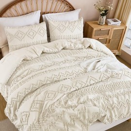 Andency Full Comforter Set, Beige Boho Fluffy Soft Bedding Sets, Farmhouse Shabby Chic Tufted Textured Comforter, 3 Pieces All Season for Men Women