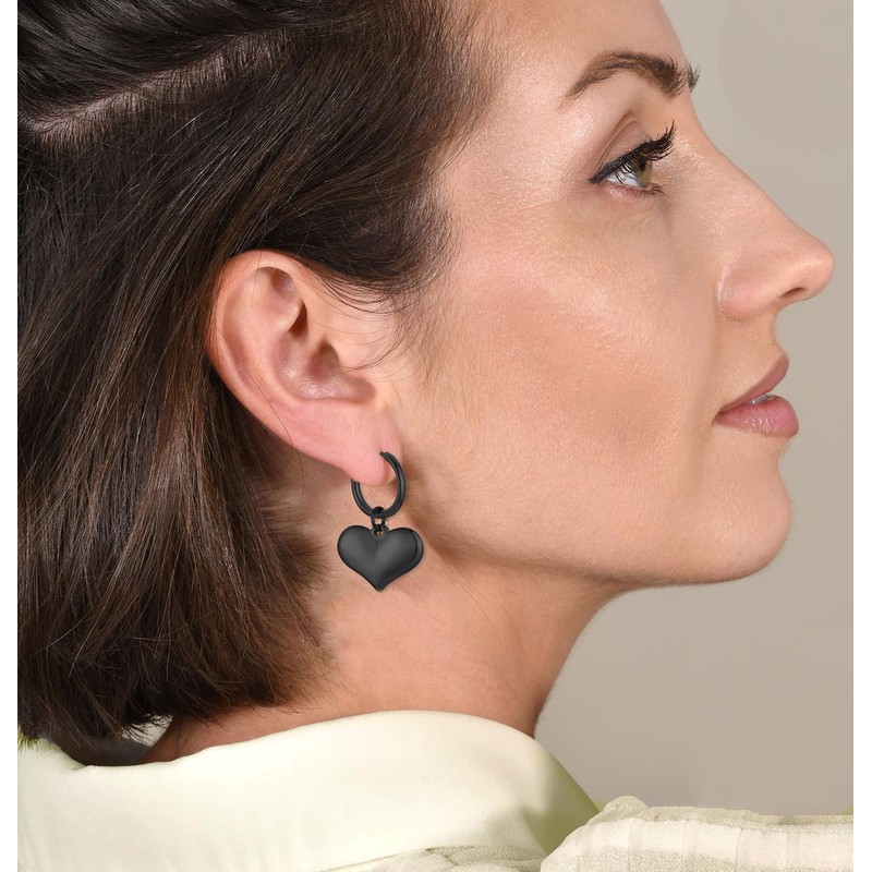 Black Heart Drop Earring for Women,Dangle Huggie Hoop Jewelry for