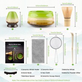 kurkip 7 Pieces Japanese Matcha Ceremony Kit, Natural Bamboo Matcha Beater, Matcha Bowl, Bamboo Scoop, Strainer, Tea Towel, Whisk Holder, Complete Matcha Set, Green