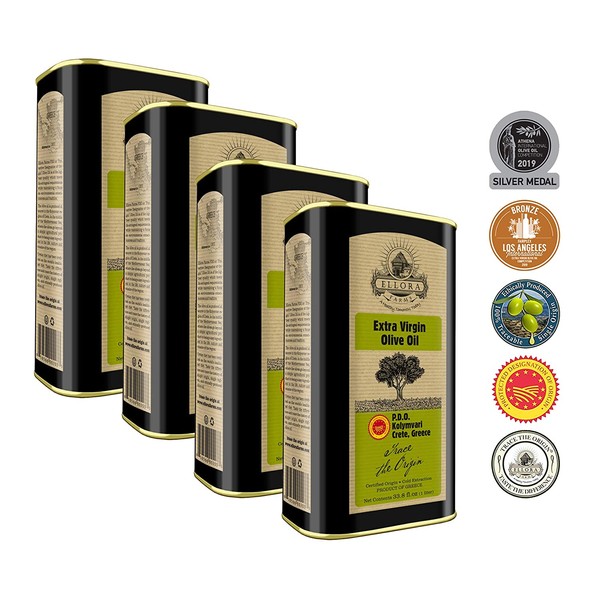 Ellora Farms, 2020 Gold Award Winner, Certified PDO Extra Virgin Olive Oil, Single Estate, Single Origin, Single Variety, Cold Press & Traceable Olive Oil, Born in Crete, Greece, Kosher, 1 Lt Tin (33.8 oz.), Pack of 4