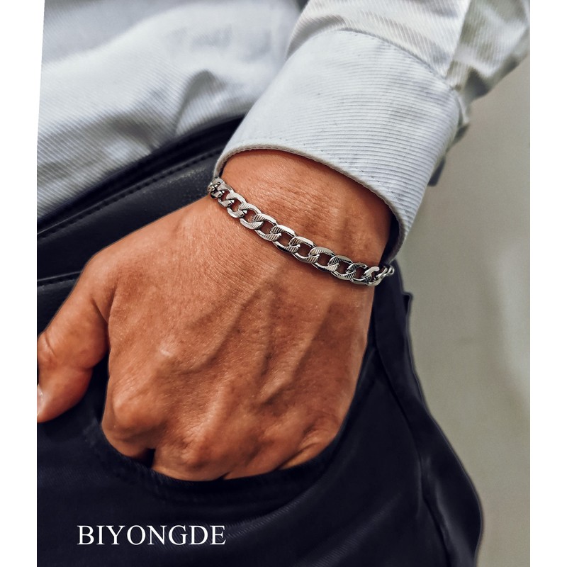 BIYONGDE Figaro Link Chain Bracelet Thin Stainless Steel Striped Curb
