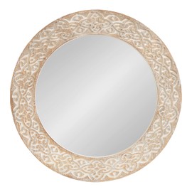Kate and Laurel Engrahm Engraved Wooden Round Modern Farmhouse Distressed Circle Mirror with Carved Wood Frame, 26" Diameter, Rustic Brown and White