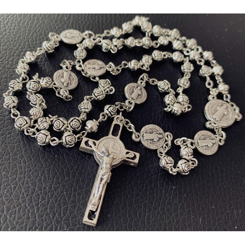 elegantmedical Handmade Silver Rose Beads St. Benedict Rosary Catholic Necklace