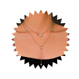 Inilbran Boho Layered Butterfly Choker Necklace Silver Circle Y Lariat Necklace Choker Long Circle Ball Y Necklace Geometric Circle Pendant Necklace Jewelry for Women and Girls