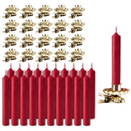 BRUBAKER Tree Candles with Tree Candle Holders - Pack of 20-3¾ x ½ Inches Candles Dark Red + Traditional Vintage Candle Holders with Clip Gold - Christmas Set