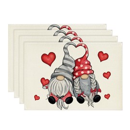 Artoid Mode Love Heart Gnome Valentine's Day Place Mats Set of 4 30 x 45 cm Mother's Day Holiday Placemats Washable Place Mats Kitchen Party Decoration
