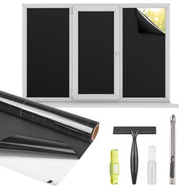 Kromapolis Blackout Window Privacy Film Total Light Blocking Room Darkening Window Covering, Removable Static Cling Frosted Glass Tint, Non-Adhesive, Black 29.5'' x 78.7''